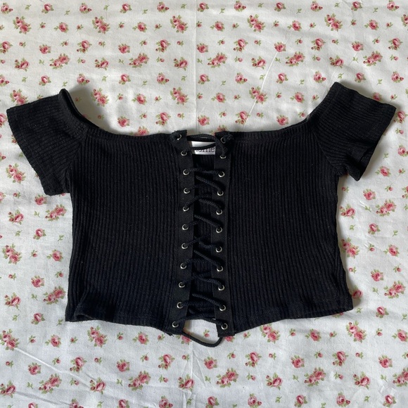 MENDOCINO - Ribbed Lace Up - Black Crop Top - Picture 1 of 7